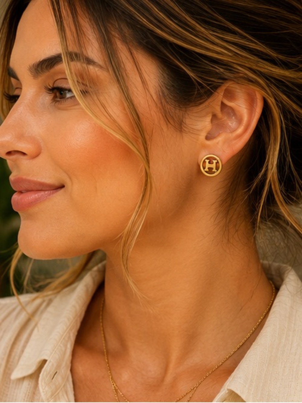 Gold Round H Cutout Stud Earrings Designer Inspired